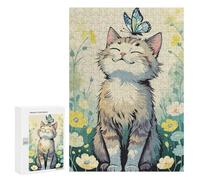 300 PCS Teenagers Puzzles Cat with Butterfly in Flower Field Jigsaw for Teenagerss Improve Memory Every Piece Is Unique - Unique Birthday And Gifts 300 PCS