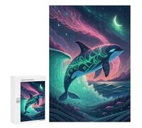 300 PCS Teenagers Puzzles Neon Orca in A Fantasy Landscape Jigsaws for Adults Puzzle Difficult Hard Challenging To Complete Challenging Game Toys 300 PCS