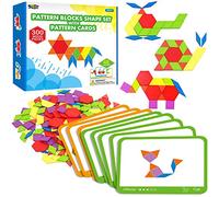 300 PCS Wooden Pattern Blocks Set for kids with 24 Double-sided Design Cards(48 patterns) and Storage Bag in Gift Box,Fun Montessori Learning Toys