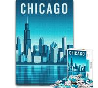 300 Piece Jigsaw Puzzle, Chicago Skyline Illustration in Blue Tones