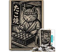 300 Piece Jigsaw Puzzle for Adults, Cat Chef Making Takoyaki Woodcut Print