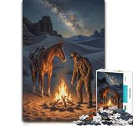 300 Piece Jigsaw Puzzle for Adults, Cowboy and Horse by Campfire at Night