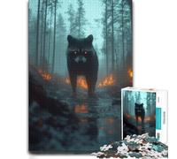 300 Piece Jigsaw Puzzle, Raccoon with Glowing Eyes in Forest Fire