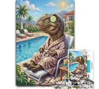 300 Piece Wooden Jigsaw Puzzle for Adults, Dinosaur relaxing by the pool