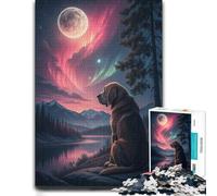 300 Piece Wooden Jigsaw Puzzle for Adults, Dog watching the Aurora Borealis