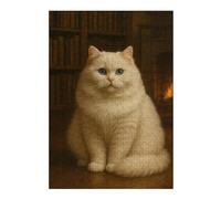 300 Piece Wooden Jigsaw Puzzle for Adults, Elegant White Cat by Fireplace