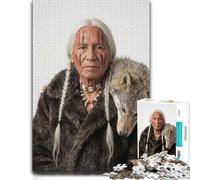 300 Piece Wooden Jigsaw Puzzle for Adults, Native American Man with Wolf