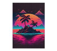 300 Piece Wooden Jigsaw Puzzle for Adults, Neon Tropical Island Sunset -1