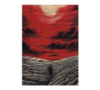 300 Piece Wooden Jigsaw Puzzle for Adults, Red Sky, Lonely Figure, Field