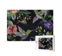300 Pieces Jigsaw Puzzle with Storage Box, Flower Hummingbirds Embroidery Printed Wooden Puzzle 40x28 CM for Adults Kids Family Fun Decorative Game