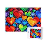 300 Pieces Jigsaw Puzzle with Storage Box, Rainbow Hearts Printed Wooden Puzzle 40x28 CM for Adults Kids Family Fun Decorative Game