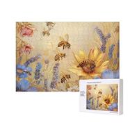 300 Pieces Jigsaw Puzzle with Storage Box, Rural Honey Bees Wildflowers Printed Wooden Puzzle 40x28 CM for Adults Kids Family Fun Decorative Game