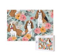 300 Pieces Jigsaw Puzzle with Storage Box, Sweet Basset Hound Florals Printed Wooden Puzzle 40x28 CM for Adults Kids Family Fun Decorative Game