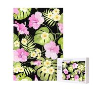 300 Pieces Jigsaw Puzzles Wooden Jigsaw Toy Family Game for Adults Teens,Tropical Pink Flowers And Jungle Palms