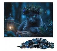300 Pieces Wooden Jigsaw Puzzle for Adults, Blue Cat with Berry Wreath