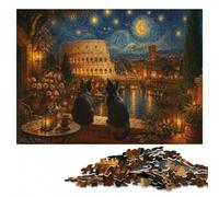 300 Pieces Wooden Jigsaw Puzzle for Adults, Cats And Colosseum Starry Night | Birthday gift for jigsaw fans with quiet evening activity in spare time.
