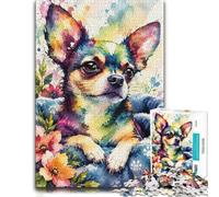 300 Pieces Wooden Jigsaw Puzzle for Adults, Chihuahua Watercolor Floral Art | Clear image details: a simple way to organise the image at home.