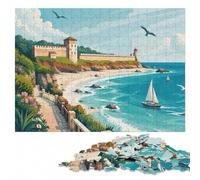 300 Pieces Wooden Jigsaw Puzzle for Adults, Coastal Fortress Illustration | Festive puzzle present with quiet evening activity on quiet evenings.