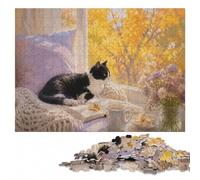 300 Pieces Wooden Jigsaw Puzzle for Adults, Cozy Autumn Cat by the Window | Jigsaw Puzzle Gift - visible image details for section-by-section building during indoor leisure.