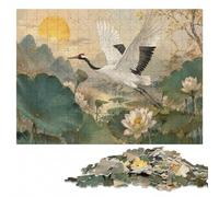 300 Pieces Wooden Jigsaw Puzzle for Adults, Crane flying over lotus pond | Present for puzzle enthusiasts: tabletop activity for adults during indoor leisure.