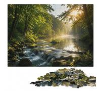 300 Pieces Wooden Jigsaw Puzzle for Adults, Golden hour in a hidden forest. | Border-first building - focused tabletop leisure on weekends.