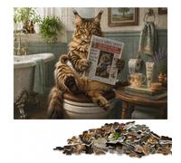 300 Pieces Wooden Jigsaw Puzzle for Adults, Maine Coon Cat on Toilet | Section-by-section building: steady puzzle progress on weekends.