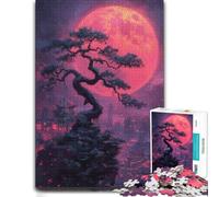300 Pieces Wooden Jigsaw Puzzle for Adults, Red Moon Bonsai Cityscape | Visual matching and sorting: a practical indoor pastime over several sessions.