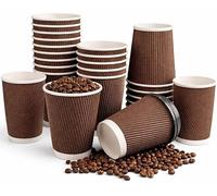 300 x 12oz Disposable Coffee Cups with White Lids - Kraft Ripple Triple Wall Insulated Paper Cups for Tea, Coffee & Hot Drinks, Brown