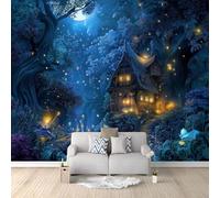 300 x 210 cm Non-Woven 3D Wallpaper Roll Mural Papel De Parede, Fantasy Forest House Insects Wallcoverings for Bedroom Living Room TV Backdrop - Dark Blue