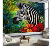 300 x 210 cm Photo Wallpaper Animals Zebra Flowers - Premium Non-Woven Decorative Wall Mural Poster, Teal Wall Mural Wallpaper for Bedroom Children's Room Living Room, Home Decoration