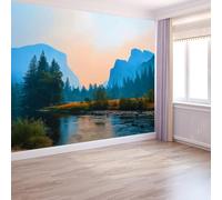 300 x 210 cm Photo Wallpaper Mountains Forests Rivers Wall Mural Poster, Premium Non-Woven Fleece Photo Wallpaper and Wall Mural Painting Design Blue Pink, for Bedroom TV Backdrop