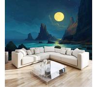 300 x 210 cm Wall Murals, Green Cartoon Moon Coast Rocks Non-Woven Mural Paste the Wall Covering, Large Photo Wallpaper for Living Room Bedroom Kitchen Office Kids