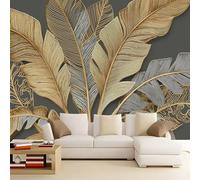 300 x 210 cm Wall Murals, Grey Art Plants Banana Leaves Gold Accents Non-Woven Mural Paste the Wall Covering, Large Photo Wallpaper for Living Room Bedroom Kitchen Office Kids