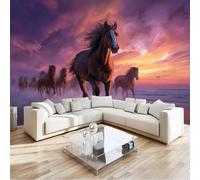 300 x 210 cm Wall Murals, Purple Realistic Sunset Coastline Horse Non-Woven Mural Paste the Wall Covering, Large Photo Wallpaper for Living Room Bedroom Kitchen Office Kids
