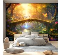 300 x 210 cm Wallpaper Cartoon Butterfly Magical Jungle Non-Woven Premium Art Print Fleece Wall Photo Mural Decoration Poster Picture, Green Orange Wallpaper for Bedroom Living Room Hallway Wall Decor