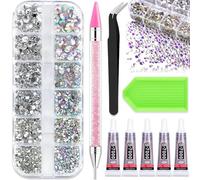 3000PCS Bedazzling Kit - Rhinestones with 5Pcs 3ml Rhinestone Paste Solution, 6 Sizes Flat Back Gems, Crystal AB Nail Art Rhinestone Kit with Pick Up Tweezers & Dotting Pen, Tools for DIY Crafts