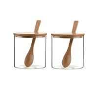 300ml/10oz 2PCS Glass Spice Jars Clear Glass Condiment Pots Seasoning Kitchen Storage Containers Salt Pepper Sugar Bowls Spice Herb Jars with Wooden Spoon and Lid