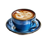 300ml/10oz Ceramic Kiln Transformed Latte Latte Latte Coffee Cup And Plate Set, Japanese Retro High-End Mark Cup Set-Deep Sea Blue