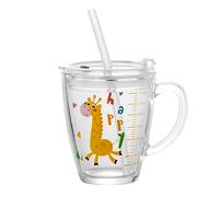 300ML Kids Glass Mug Milk Measure Cup with Handle Sippy Cup with Silicone Straw and Lid Heat-Resistant Leakproof Cartoon Giraffe Water Bottle Travel Mug Tumbler BPA Free