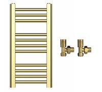 300mm Wide Gold Heated Bathroom Towel Rail Radiator With Valves For Central Heating UK (With Angled Valves, 300 x 900 mm (h))