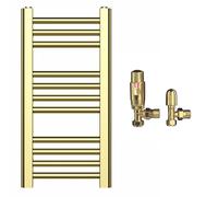 300mm Wide Gold Heated Bathroom Towel Rail Radiator With Valves For Central Heating UK (With TRV Angled Valves, 300 x 900 mm (h))