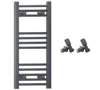 300mm Wide Straight Anthracite Grey Heated Bathroom Towel Rail Radiator with Angled Valves for Central Heating UK 300 x 700 mm (h) 254 Watt