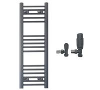 300mm Wide Straight Anthracite Grey Heated Bathroom Towel Rail Radiator With Valves For Central Heating UK (With TRV Angled Valves, 300 x 900 mm (h))