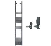 300mm Wide Straight Anthracite Grey Heated Bathroom Towel Rail Radiator With Valves For Central Heating UK (With TRV Angled Valves, 300 x 1700 mm (h))