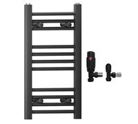 300mm Wide Straight Black Heated Bathroom Towel Rail Radiator With Valves For Central Heating UK (With Black Angled TRV Valves, 300 x 600mm (h))