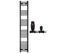 300mm Wide Straight Black Heated Bathroom Towel Rail Radiator With Valves For Central Heating UK (With Black Straight TRV Valves, 300 x 1800mm (h))