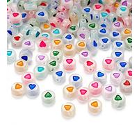 300pcs Luminous Acrylic Heart Beads 7mm Glow in The Dark Heart Beads Flat Round Pony Disc Coin with Multicolor Enamel Heart for DIY Jewelry Making