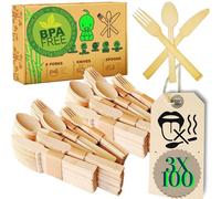 300pcs Premium Bamboo Cutlery Set Disposable Biodegradable - 100 Spoons, 100 Knives, 100 Forks Sealed - Hygiene Proof, Natural Bamboo, No Wood Taste, Eco Friendly (Pack of 300)