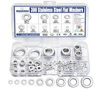300PCS Stainless Steel Flat Washers for Screws, 304 Stainless Steel, Assorted Sizes (M2 M2.5 M3 M4 M5 M6 M8 M10 M12) for Industrial Use, Metal Washers for Screws and Bolts
