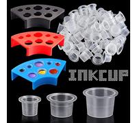 300pcs Tattoo Ink Caps with 3 Colours Tattoo Ink Cup Holders - Emalla 100 Small 100 Medium 100 Large Tattoo Ink Cups + 3 Cup Holders for Tattoo Ink